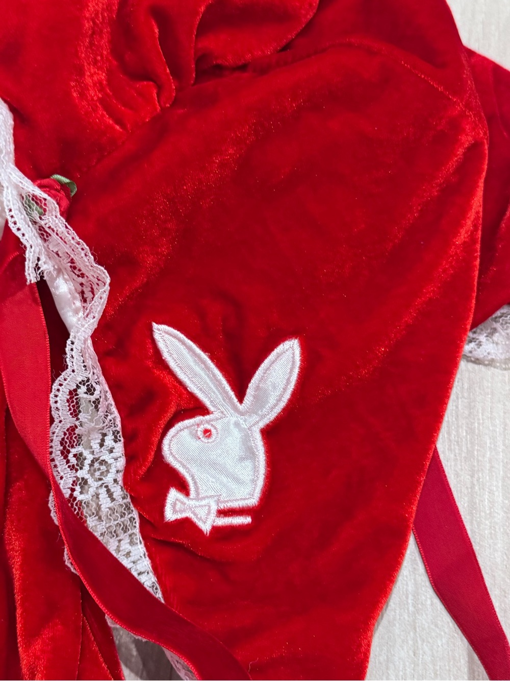 Playboy Red Velvet Little Red Riding Hood Costume Dress with White Lace Trim - Picture 5 of 13